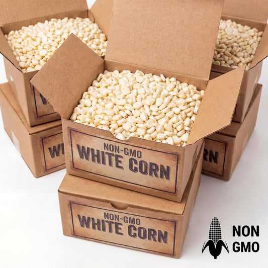 contents of non-GMO white corn nixtamal starter kit showing corn kernels and cal packet
