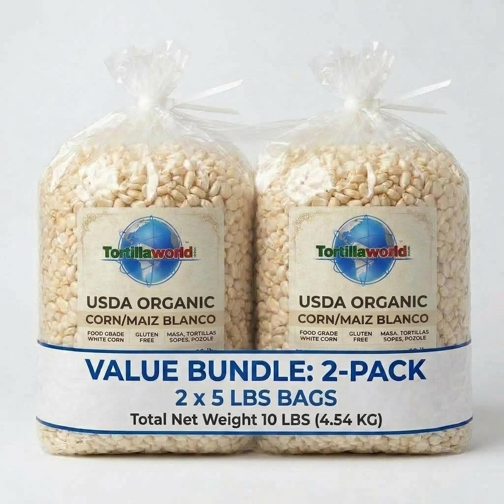 STARTER-PACK ONLY includes 5-pounds of premium Organically Grown white corn (Maíz Blanco) cleaned and dried for masa, tortillas, tamales and pozole/Tortillaworld