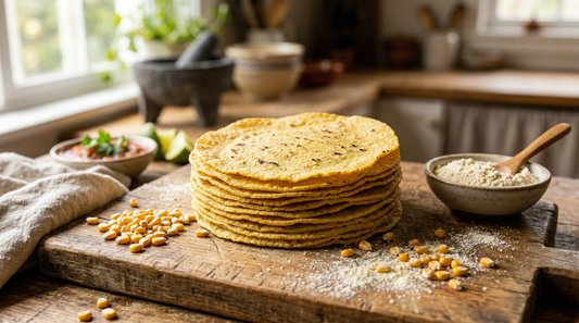 Stack of fresh corn tortillas with corn masa flour and kernels - folic acid fortification