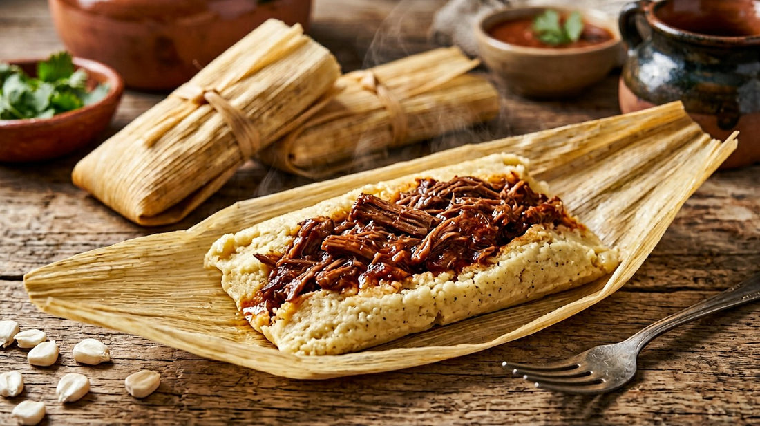 Open Mexican tamale showing the real corn masa with red guajillo and ancho beef filling, husk leaves spread flat on rustic wood, three more wrapped tamales behind, the signature dish of Tortillaworld bulk dried corn for tamales de res