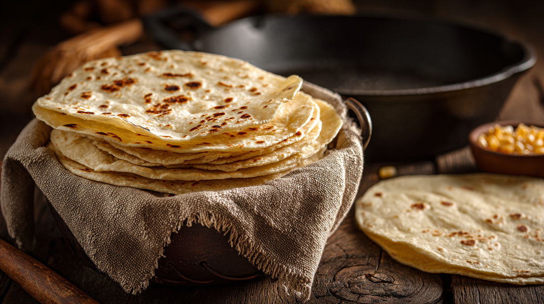 Freshly made corn tortillas stacked in a cloth-lined basket with cast iron skillet and dried corn kernels