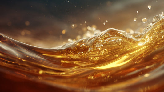 Close up of golden food grade silicone lubricant in motion with droplets and bubbles on a soft brown bokeh background
