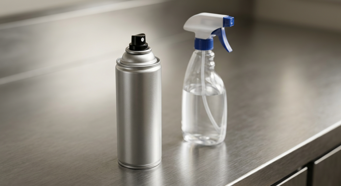 Food-grade silicone spray aerosol can next to a trigger-spray ready-to-use bottle on a steel counter