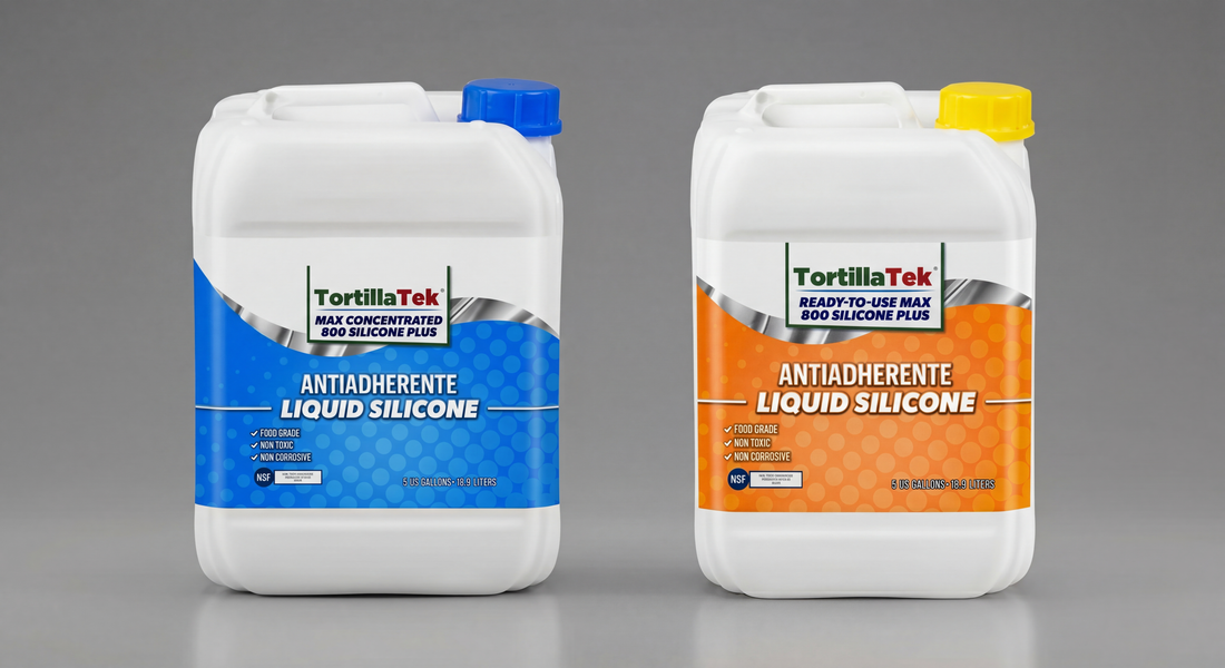 Side by side comparison of TortillaTek 800 Silicone Plus concentrate (blue) and ready-to-use (orange) jugs