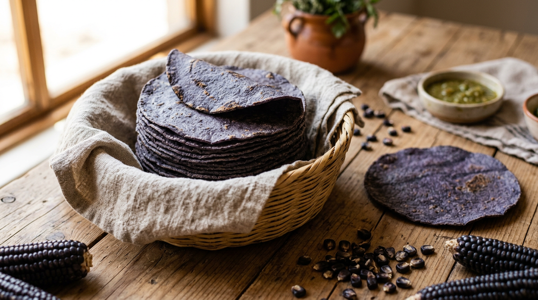 Stack of blue corn tortillas in a cloth-lined basket with blue corn cobs