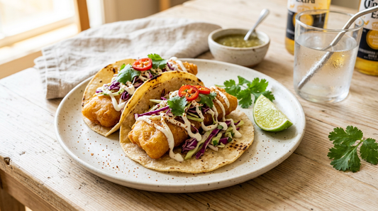 Baja-style fish tacos on fresh corn tortillas with cabbage slaw and lime