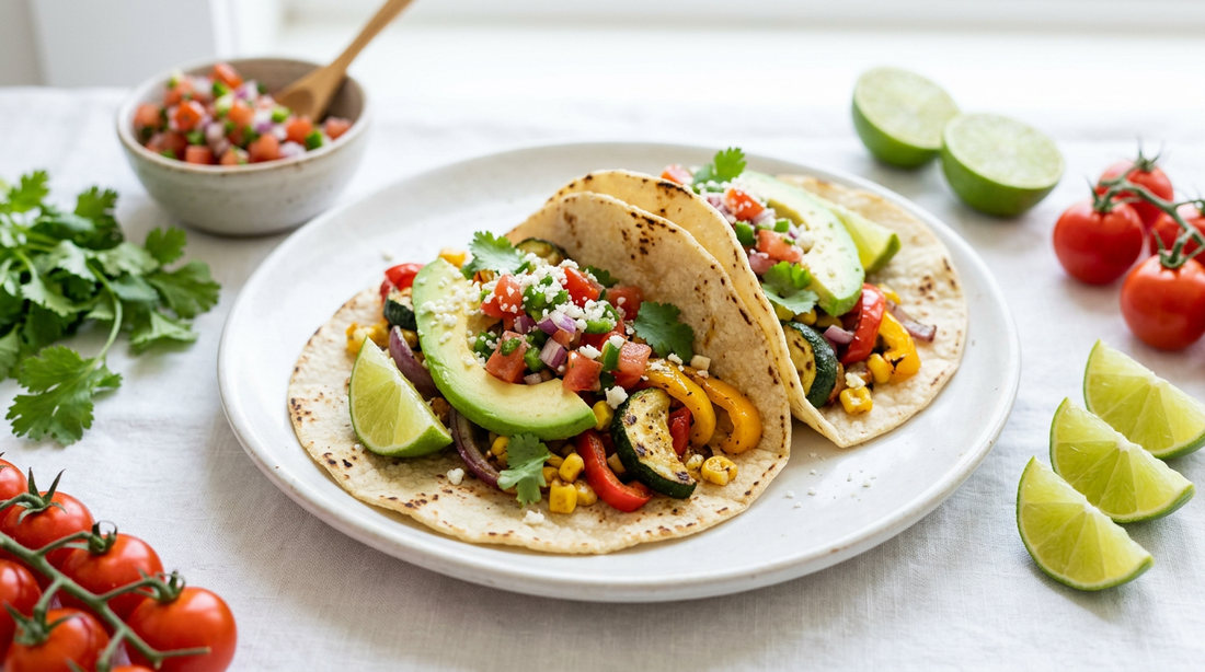 Healthy corn tortilla tacos with grilled vegetables, avocado, and fresh salsa