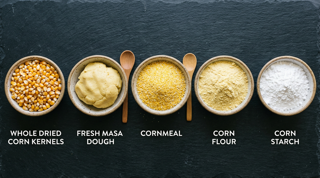 Five masa harina alternatives compared: whole corn, fresh masa, cornmeal, corn flour, corn starch