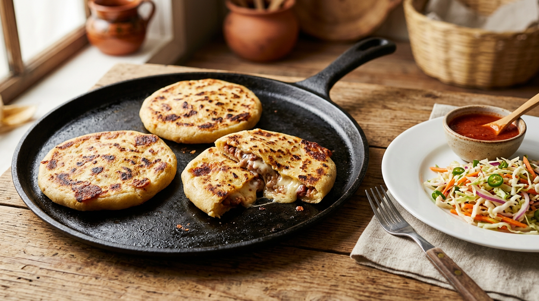 Golden pupusas on a cast iron griddle with curtido cabbage slaw