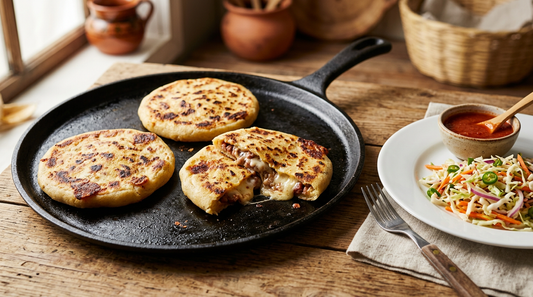 Golden pupusas on a cast iron griddle with curtido cabbage slaw