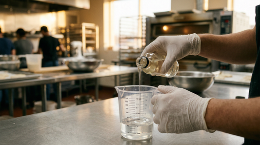 Hands wearing food-safety gloves pouring food-grade liquid silicone concentrate into a measuring container in a commercial tortilla bakery, preparing to dilute the release agent for the oven comal.