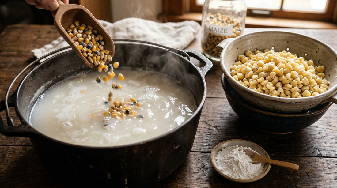 Corn kernels being poured into a pot of milky cal water for nixtamalization with finished nixtamal in colander