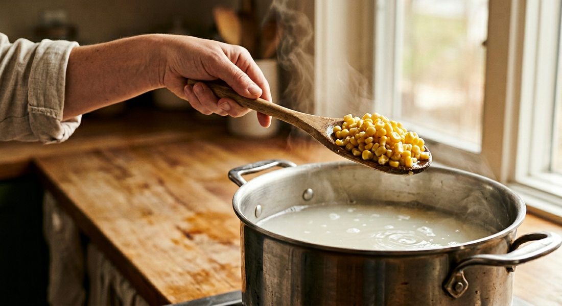 A hand holding a wooden spoon piled with freshly nixtamalized yellow corn kernels above a deep stainless steel pot of milky calcium hydroxide cooking water, soft steam rising in a warm sunlit kitchen