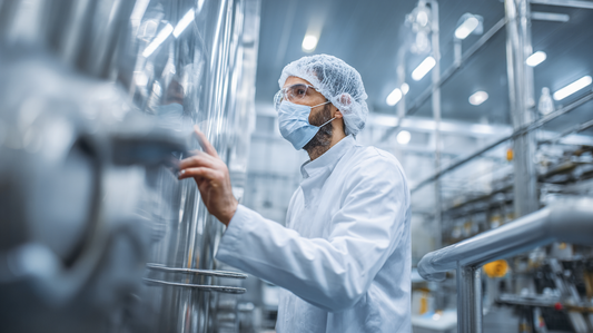 Food safety inspector checking equipment in a food processing facility