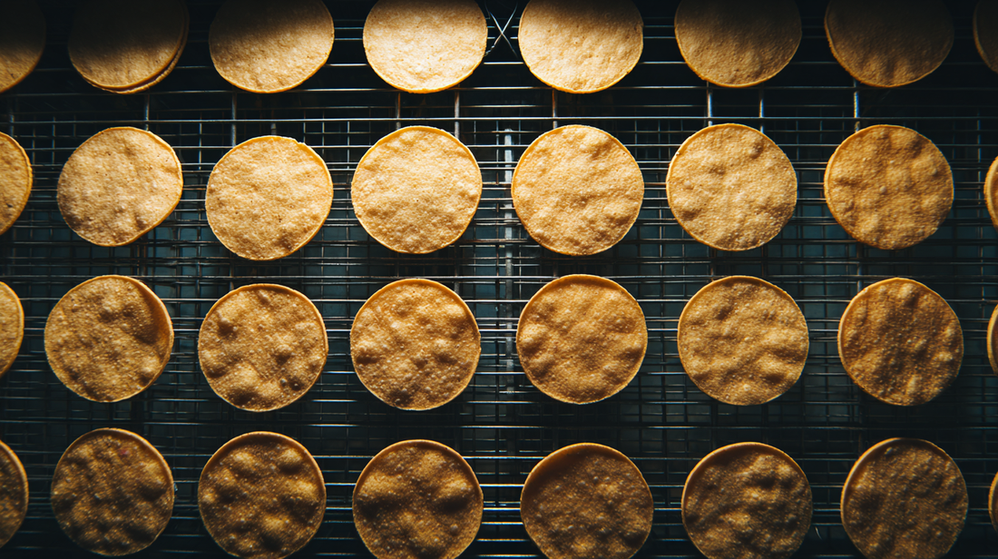 Golden corn tortillas on wire mesh conveyor belt inside industrial oven