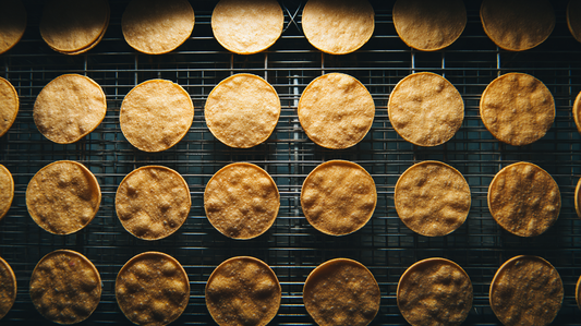 Golden corn tortillas on wire mesh conveyor belt inside industrial oven