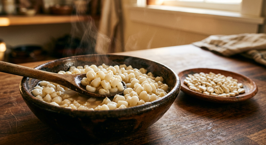 Deep earthenware bowl filled with freshly cooked Mexican hominy, the kernels large white and puffy with gentle steam rising, a wooden spoon scooping a portion, a small saucer of dried corn kernels visible alongside on a warm wooden countertop
