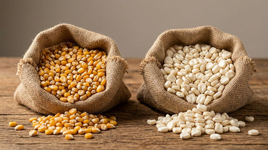Yellow corn and white corn kernels side by side, comparing the two main Tortillaworld dried corn varieties for tortillas and masa