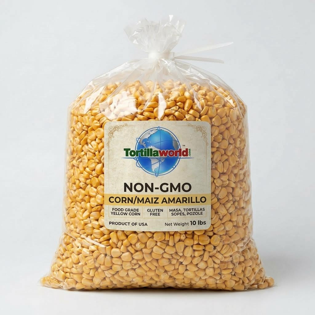 two bags of non-GMO white corn kernels with calcium hydroxide