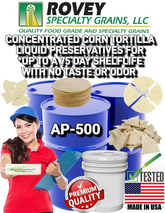 AP-500 mold inhibitor is a concentrated liquid corn tortilla preservative made by Alliance for a 5 to 75 day shelf life with no taste & odor in stock. Call Rovey Specialty Grains at 217-227-4541. Hablamos Español. Rovey Specialty Grains, LLC. "Quality Ingredients, Quality Tortillas" www.roveyseed.com