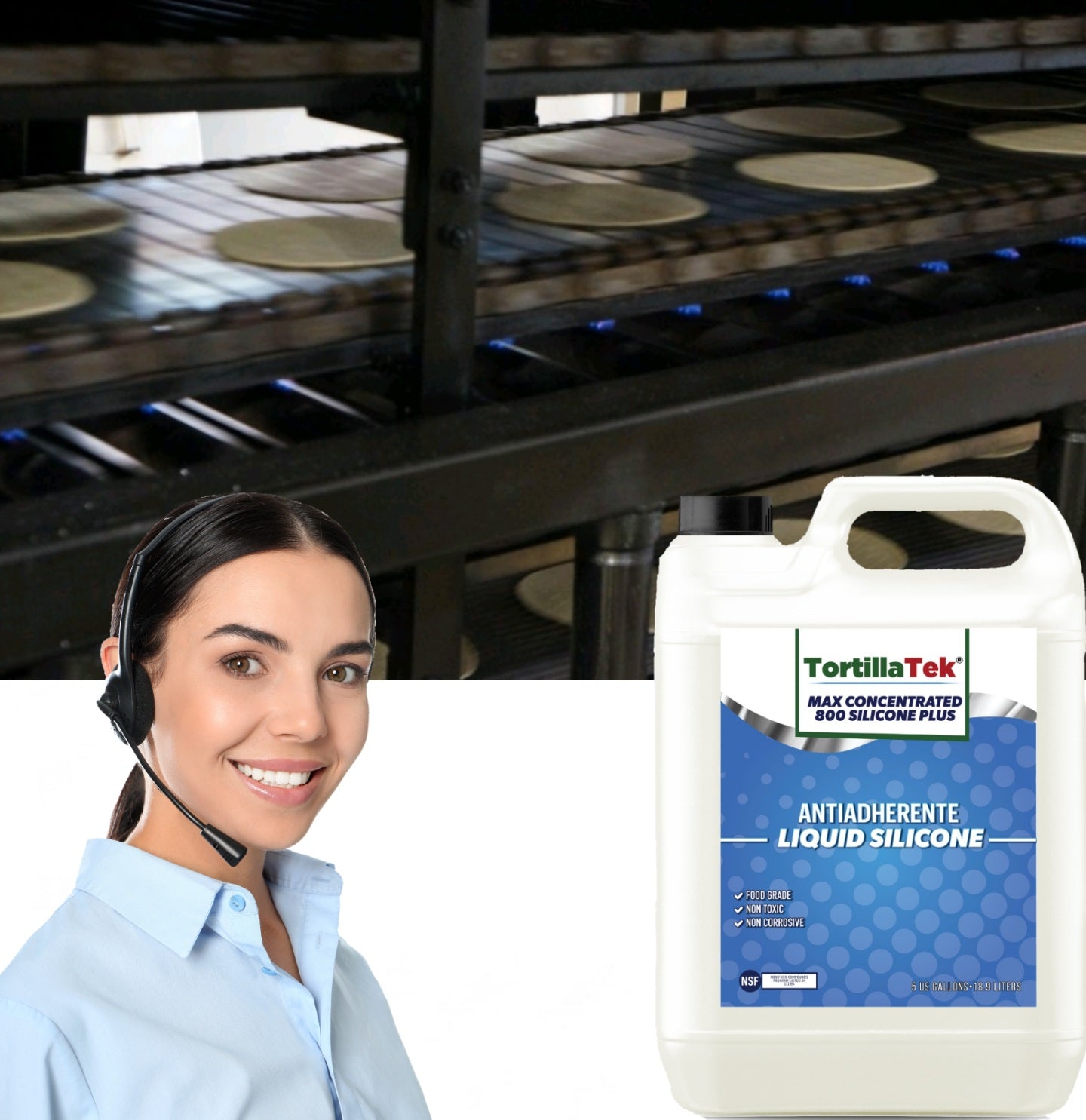 TortillaTek MAX 800 concentrated food safe silicone lubricant being applied to tortilla press surface