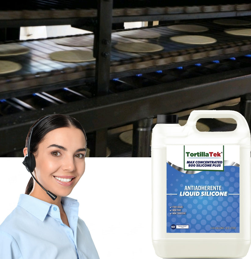 TortillaTek MAX 800 concentrated food safe silicone lubricant being applied to tortilla press surface