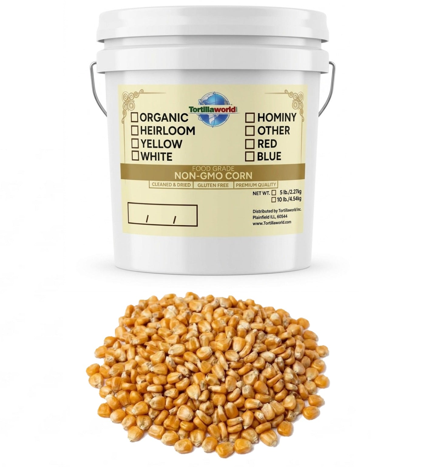 10 lbs. of heirloom yellow corn (Maíz Heredado) in a resealable pail — perfectly cleaned and dried for authentic Mexican masa, tortillas, tamales, and pozole