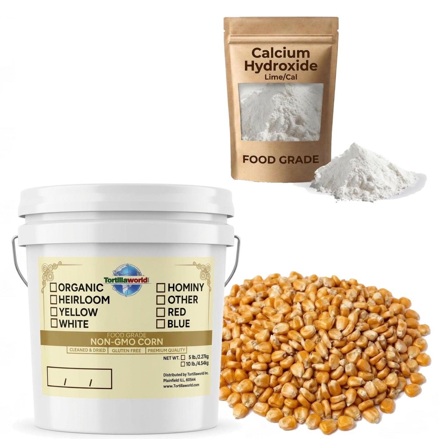 10 lbs. of heirloom yellow corn (Maíz Heredado) in a resealable pail — perfectly cleaned and dried for authentic Mexican masa, tortillas, tamales, and pozole