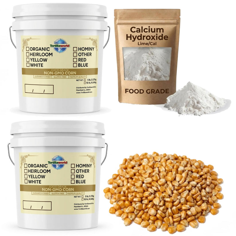 10 lbs. of heirloom yellow corn (Maíz Heredado) in a resealable pail — perfectly cleaned and dried for authentic Mexican masa, tortillas, tamales, and pozole