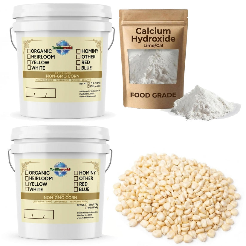 10 lbs. of heirloom white corn (Maíz Heredado) in resealable pails — perfectly cleaned and dried for authentic Mexican masa, tortillas, tamales, and pozole