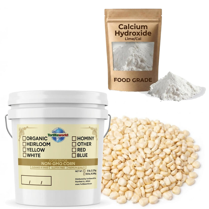 10 lbs. of heirloom white corn (Maíz Heredado) in resealable pails — perfectly cleaned and dried for authentic Mexican masa, tortillas, tamales, and pozole