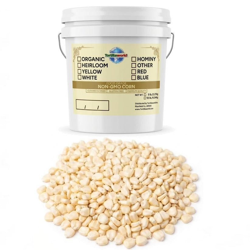 10 lbs. of heirloom white corn (Maíz Heredado) in resealable pails — perfectly cleaned and dried for authentic Mexican masa, tortillas, tamales, and pozole