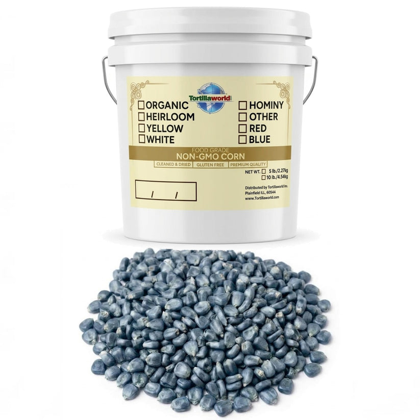NON-GMO blue corn (Maíz Azul) in a resealable pail — perfectly cleaned and dried for authentic Mexican masa, tortillas, tamales, and pozole