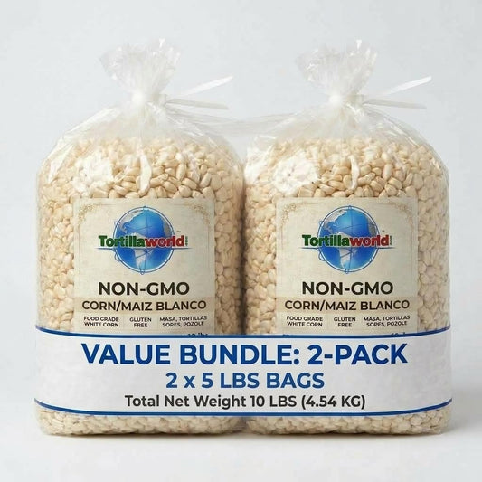 non-GMO white corn nixtamal starter kit with 5 lb corn bag and calcium hydroxide