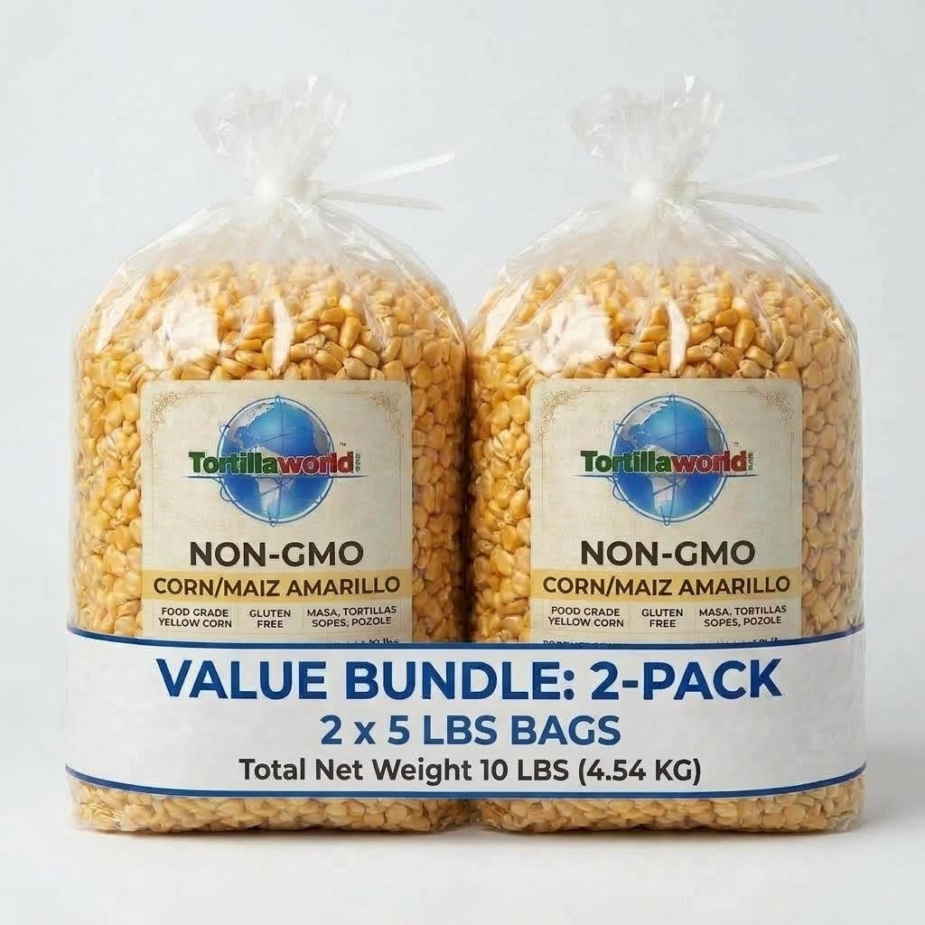 STARTER-PACK ONLY includes 5-pounds of premium NON-GMO yellow corn (Maíz Amarillo) cleaned and dried for masa, tortillas, tamales and pozole/Tortillaworld