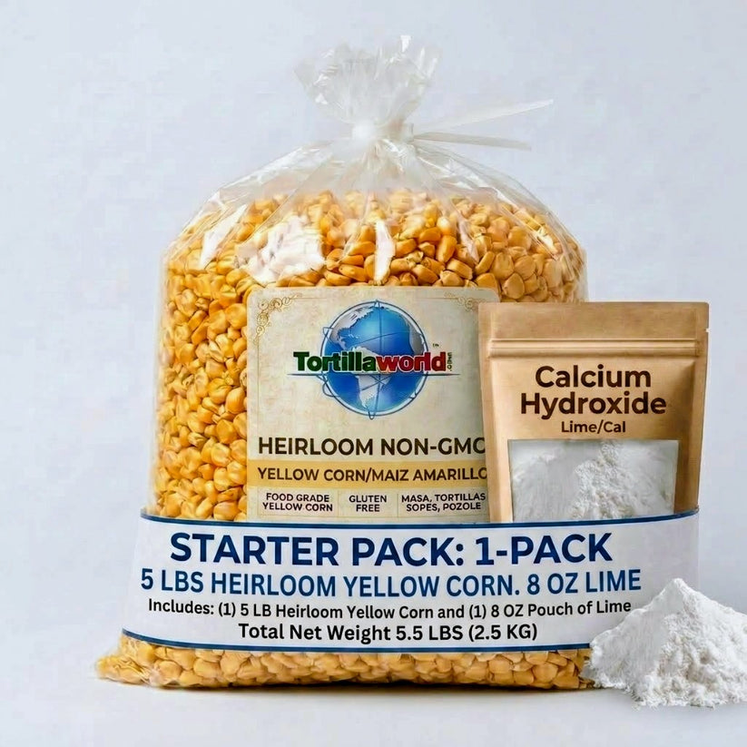 Yellow NON-GMO Heirloom Dried Dent Corn-Nixtamal Starter Kit/5 lb Corn + 8 oz. of Cal