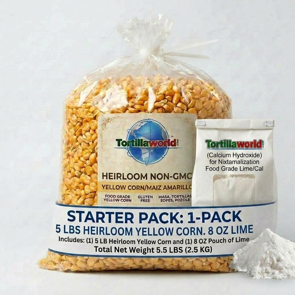 STARTER-PACK ONLY includes 5-pounds of premium Organically Grown yellow corn (Maíz Amarillo) cleaned and dried for masa, tortillas, tamales and pozole/Tortillaworld