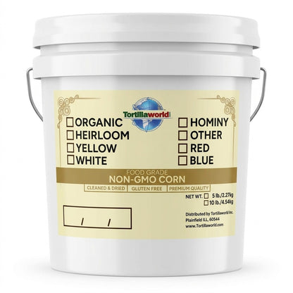 10 lbs. of heirloom yellow corn (Maíz Heredado) in a resealable pail — perfectly cleaned and dried for authentic Mexican masa, tortillas, tamales, and pozole