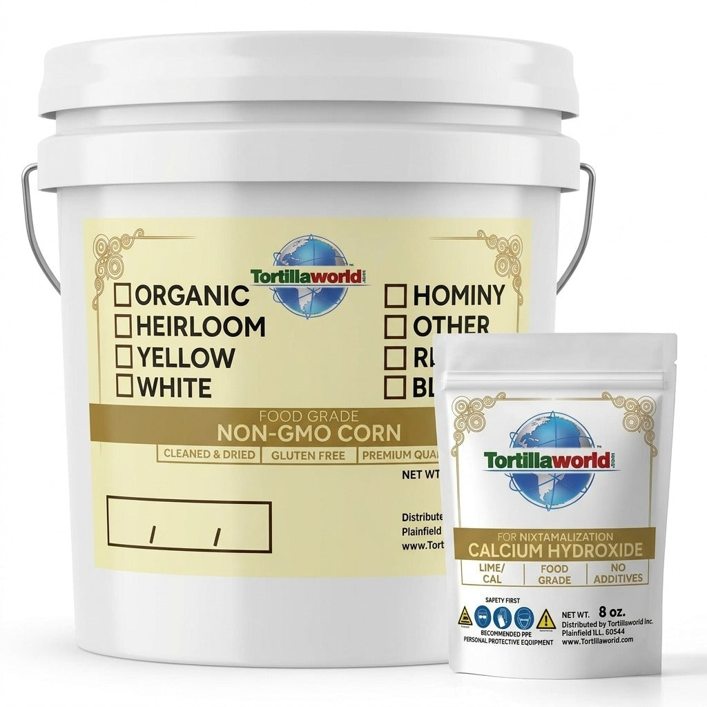 NON-GMO white corn (Maíz Blanco) in resealable pails — perfectly cleaned and dried for authentic Mexican masa, tortillas, tamales, and pozole