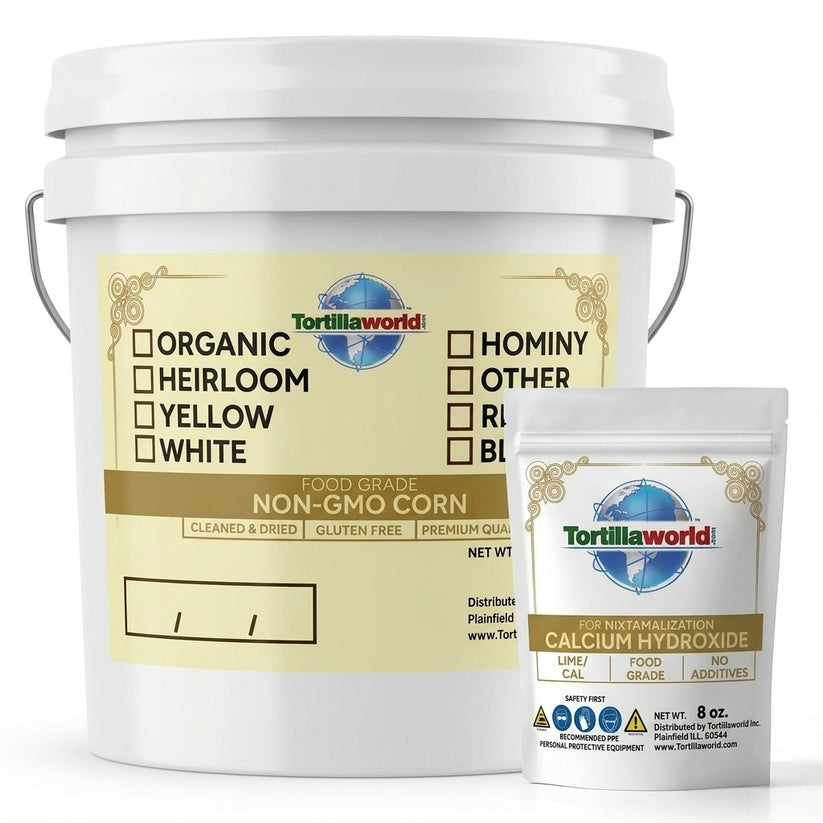 NON-GMO white corn (Maíz Blanco) in resealable pails — perfectly cleaned and dried for authentic Mexican masa, tortillas, tamales, and pozole
