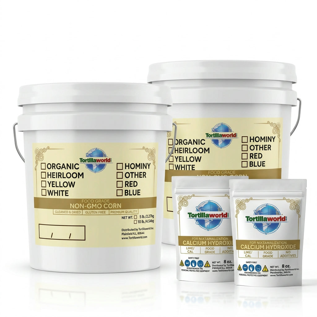 NON-GMO white corn (Maíz Blanco) in resealable pails — perfectly cleaned and dried for authentic Mexican masa, tortillas, tamales, and pozole