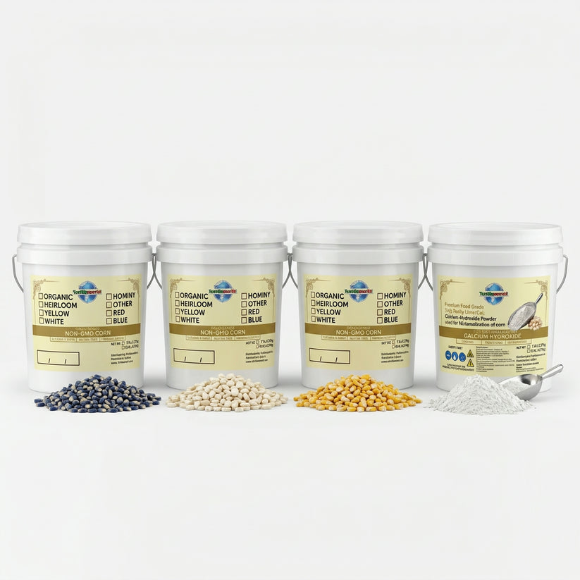 NON-GMO white corn (Maíz Blanco) in resealable pails — perfectly cleaned and dried for authentic Mexican masa, tortillas, tamales, and pozole