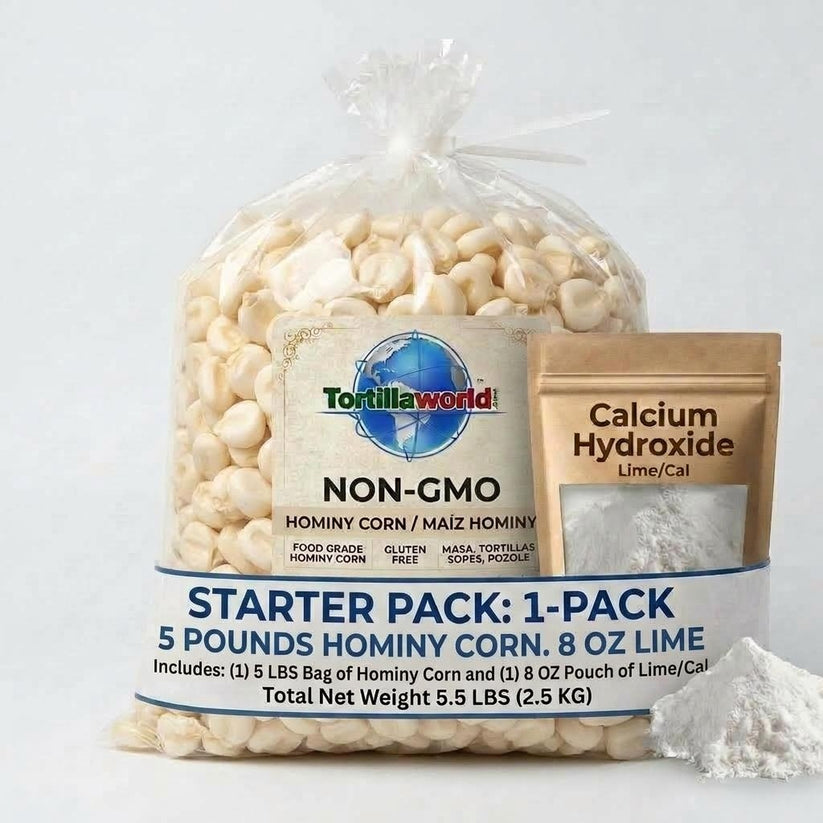 non-GMO  corn nixtamal starter kit with 5 lb corn bag and calcium hydroxide