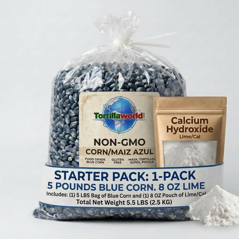 non-GMO white corn nixtamal starter kit with 5 lb corn bag and calcium hydroxide