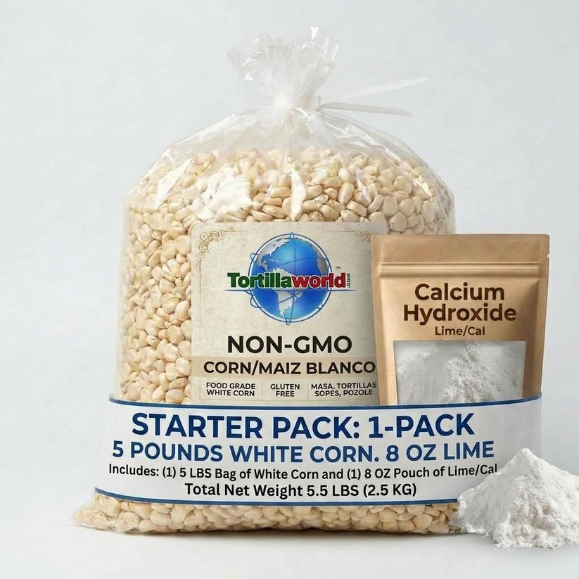 non-GMO white corn nixtamal starter kit with 5 lb corn bag and calcium hydroxide