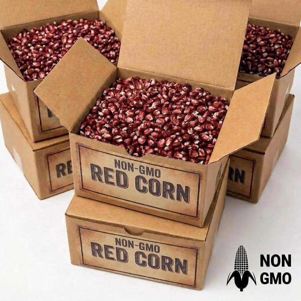 close up of non-GMO red dent corn kernels