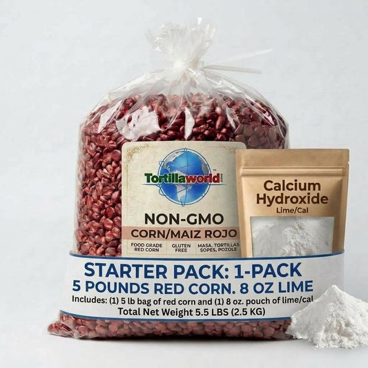 non-GMO red corn nixtamal starter kit with 5 lb corn bag and calcium hydroxide