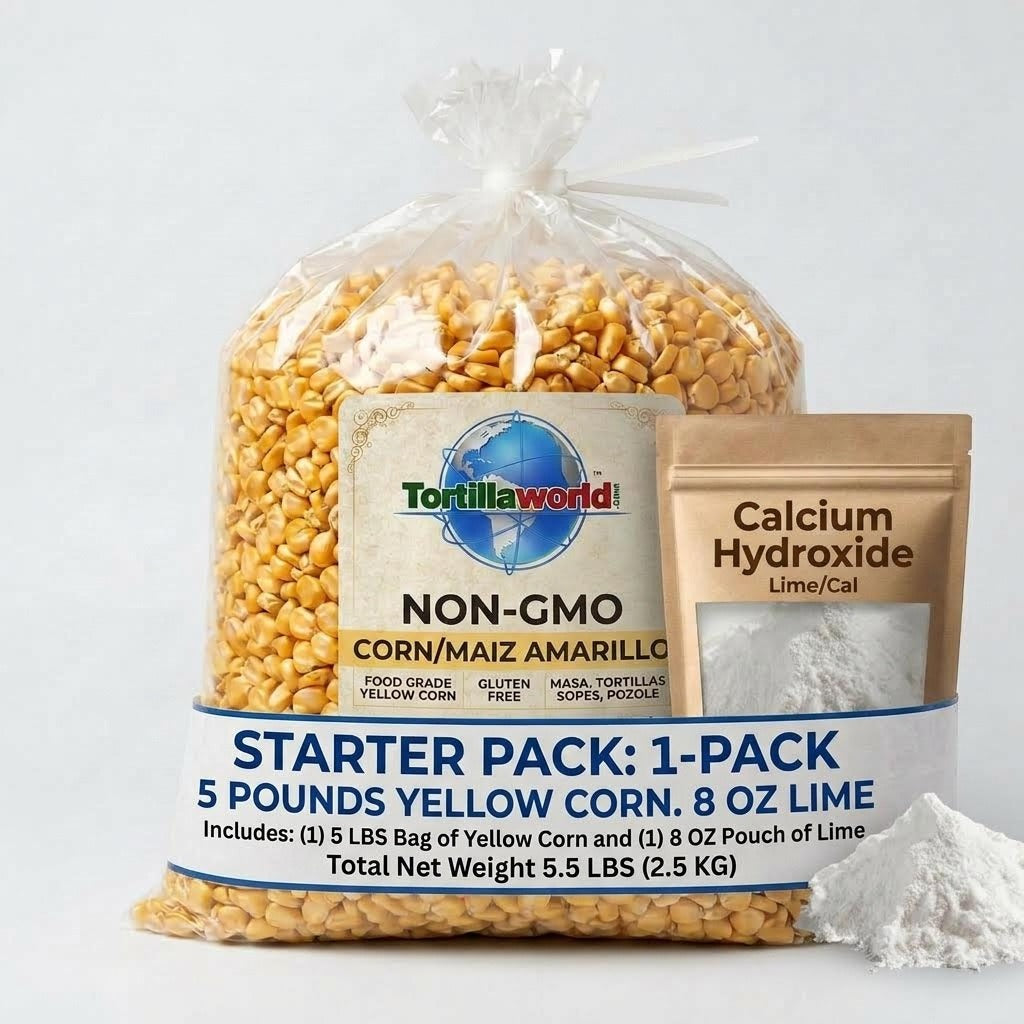 non-GMO blue corn nixtamal starter kit with 5 lb corn bag and calcium hydroxide