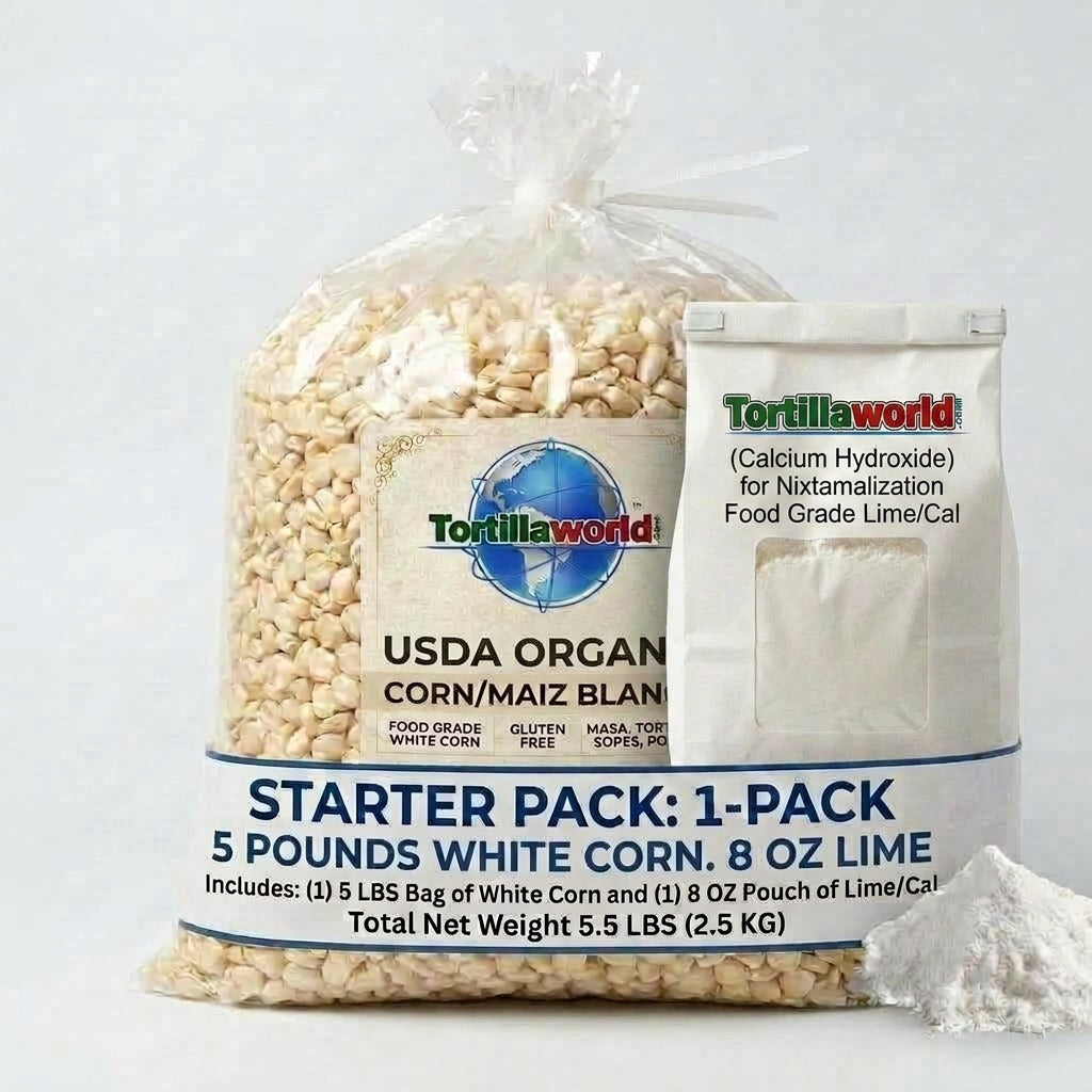 White USDA Organic Dried Corn-Nixtamal Starter Kit/5 lb Bag of Corn + 8 oz. of Cal