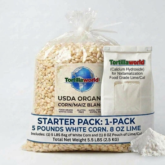 White USDA Organic Dried Corn-Nixtamal Starter Kit/5 lb Bag of Corn + 8 oz. of Cal